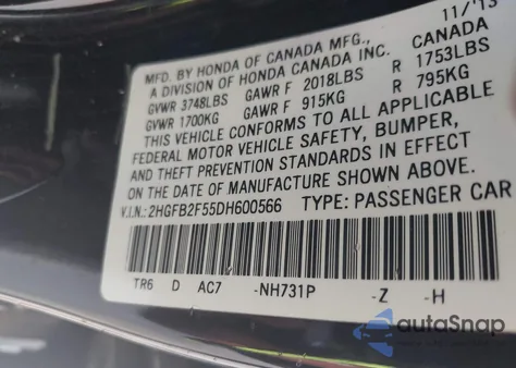 2013 Honda Civic Lx z USA, uszkodzony, nr VIN 2HGFB2F55DH600566